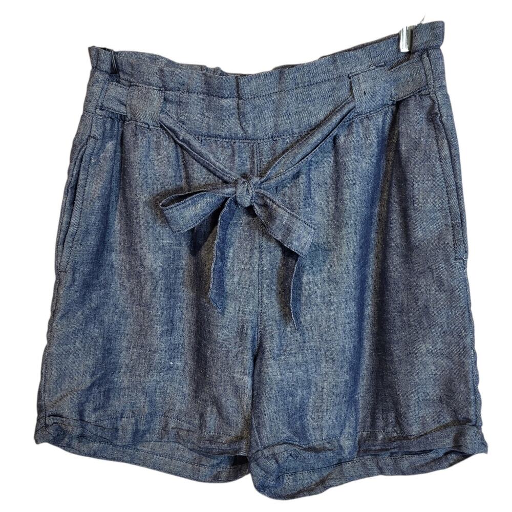 Alki'i Beach Women's Linen Blend High Rise Paper Bag Belted Shorts Blue Size L